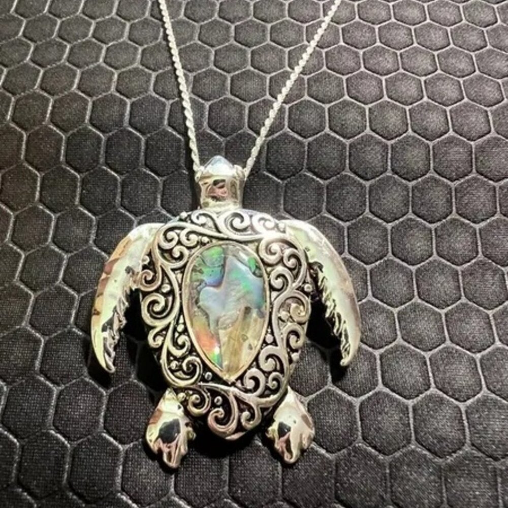 Turtle Necklace with Green Abalone Stones 18K White Gold Plated
